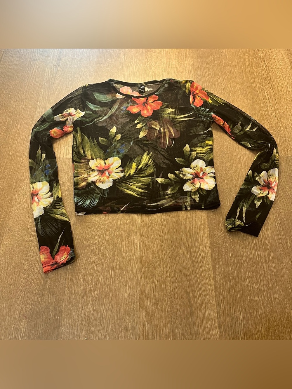 Windsor Sheer Black Tropical Floral Long Sleeve Crop Top